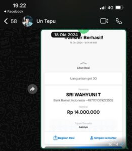 Bukti Transferan korban RKU kepada tersangka SWT sebesar Rp.14.000.000